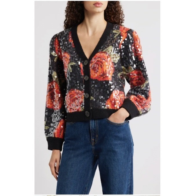 Farm Rio Womens Latin Roses Sequin V-Neck Button Front Cardigan Sweater | M